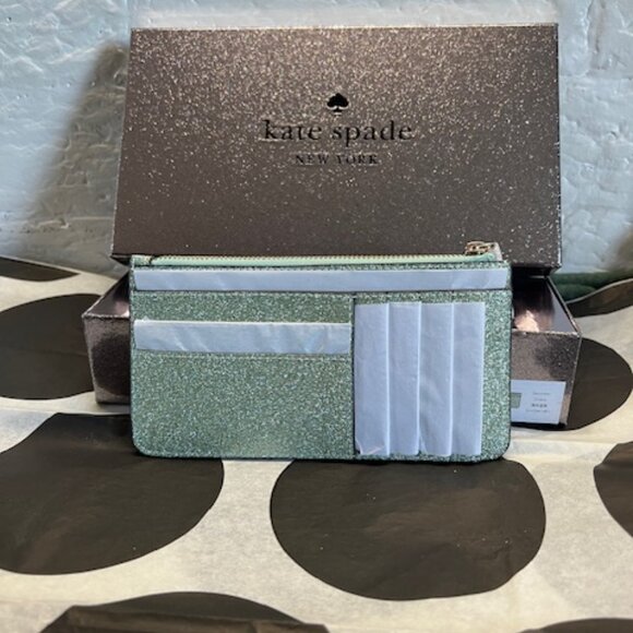 Green Kate Spade Kenzie Glitter Large Slim Card Holder / Wallet RARE COLOR - Picture 3 of 5